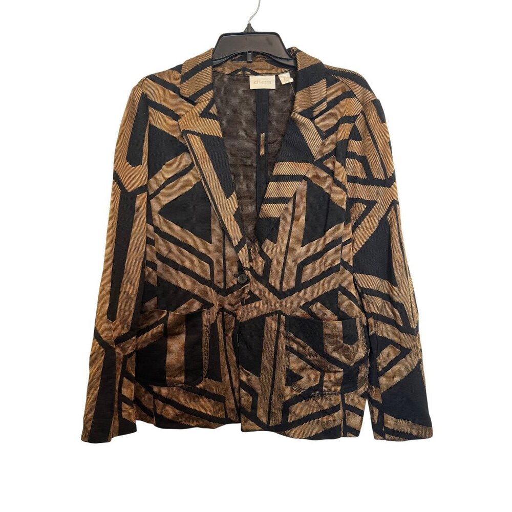 Chicos Abstract Print Womens Blazer Size 3 Black/Brown Polyester/Rayon Button Cl
